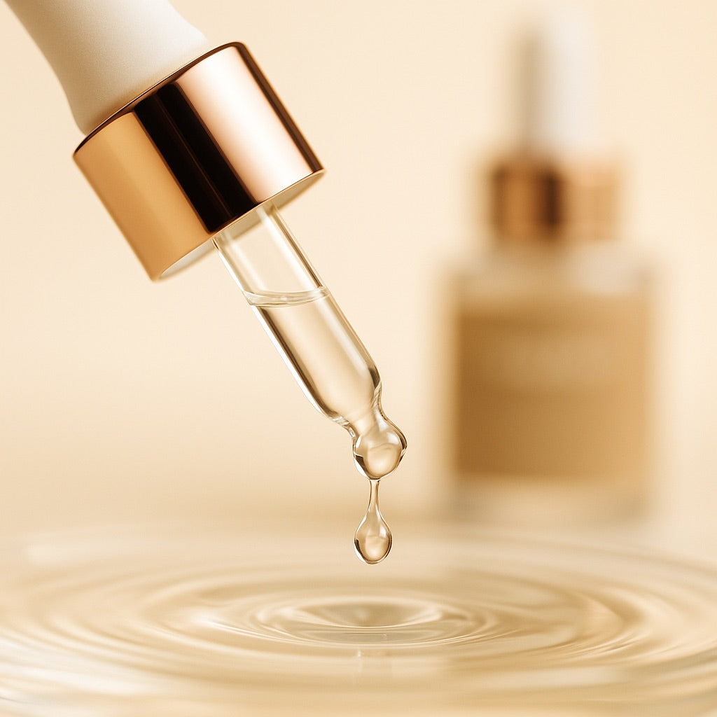 Conta-gotas liberando uma gota de sérum PDRN
